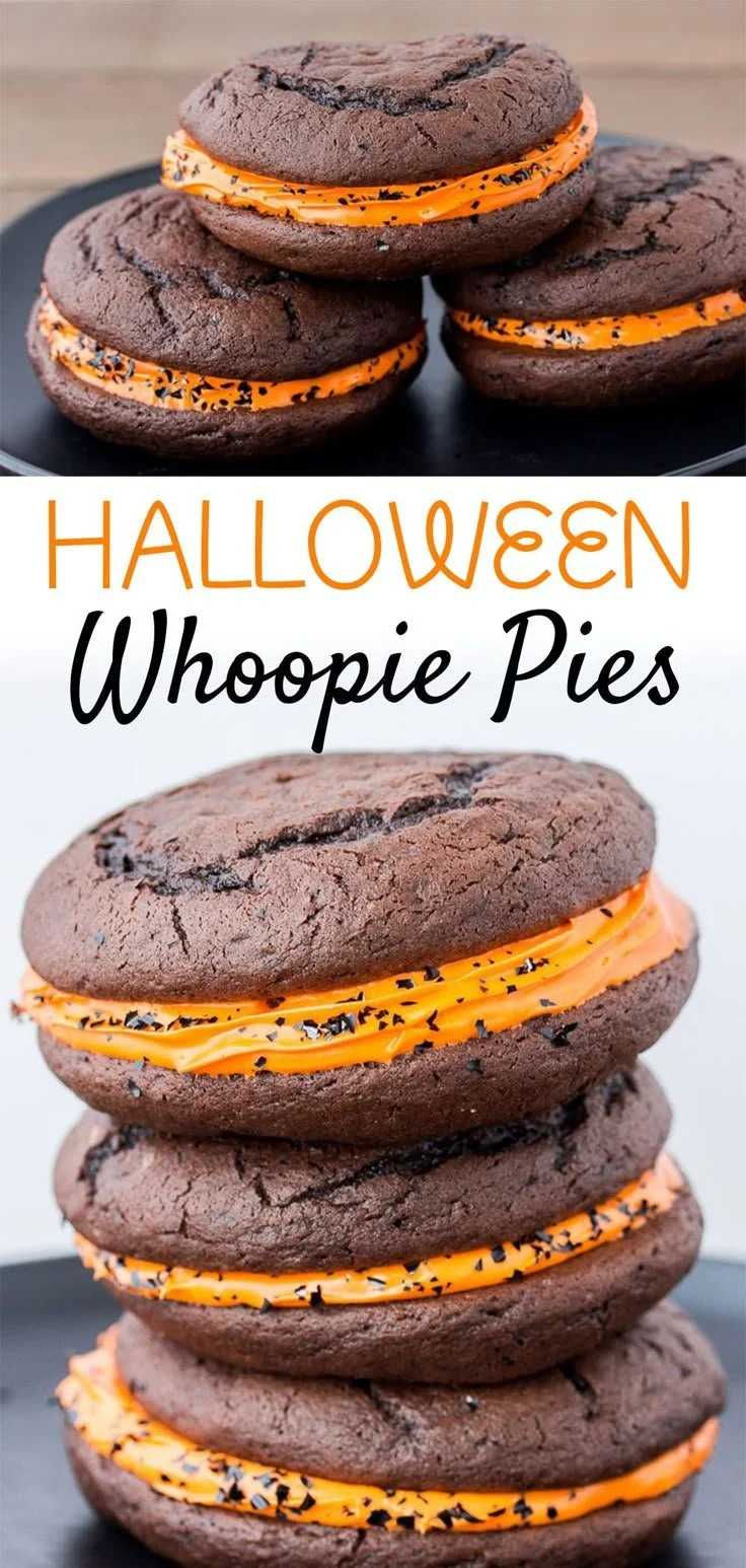 Festive Halloween Whoopie Pies with spooky decorations and flavors.