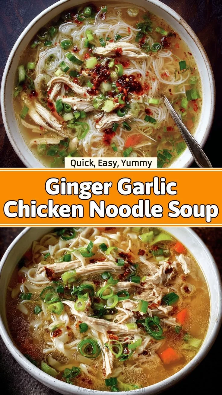 Healthy Ginger Garlic Chicken Noodle Soup served in a bowl with fresh herbs.
