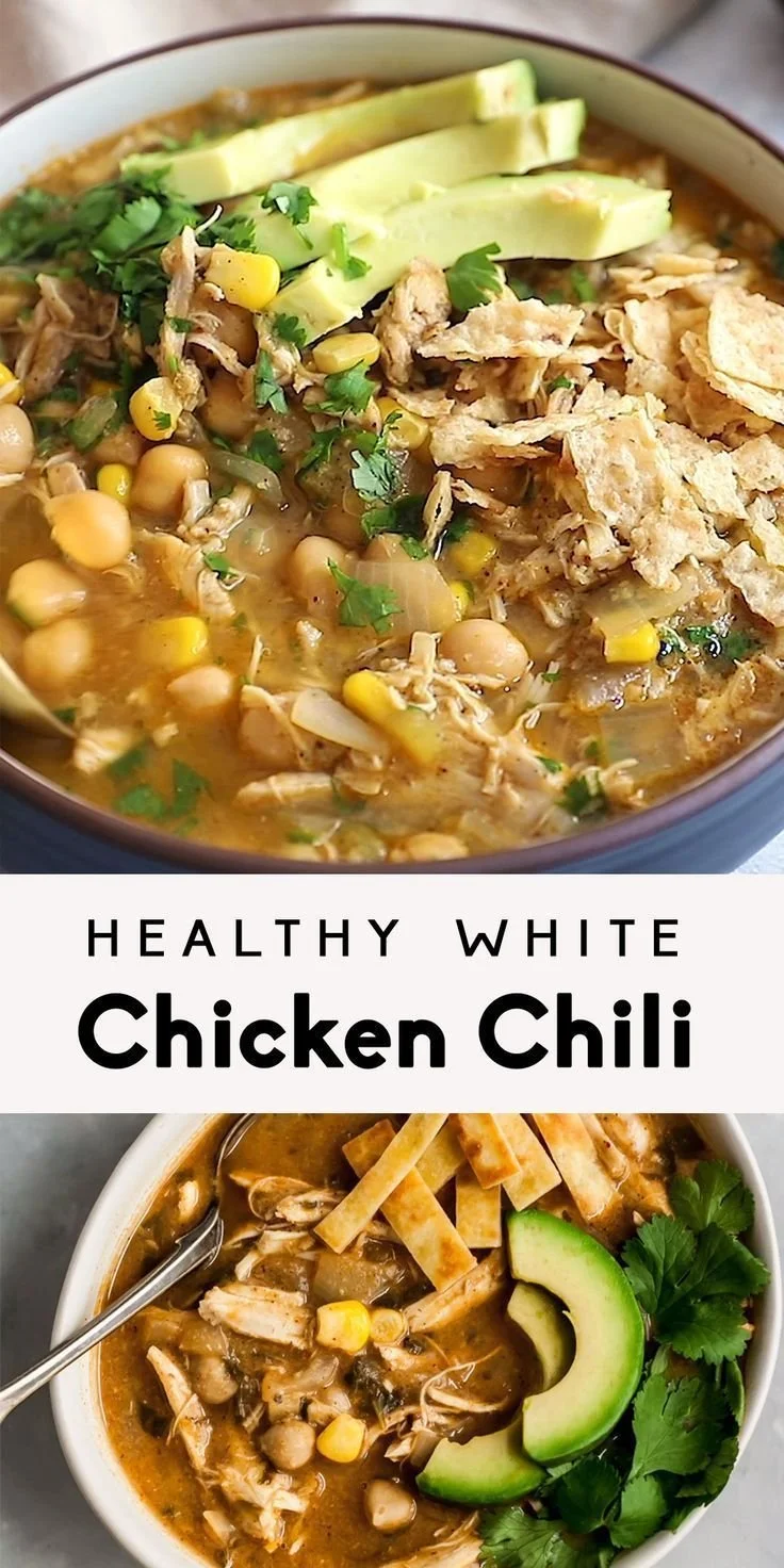 Healthy white chicken chili in a bowl garnished with cilantro