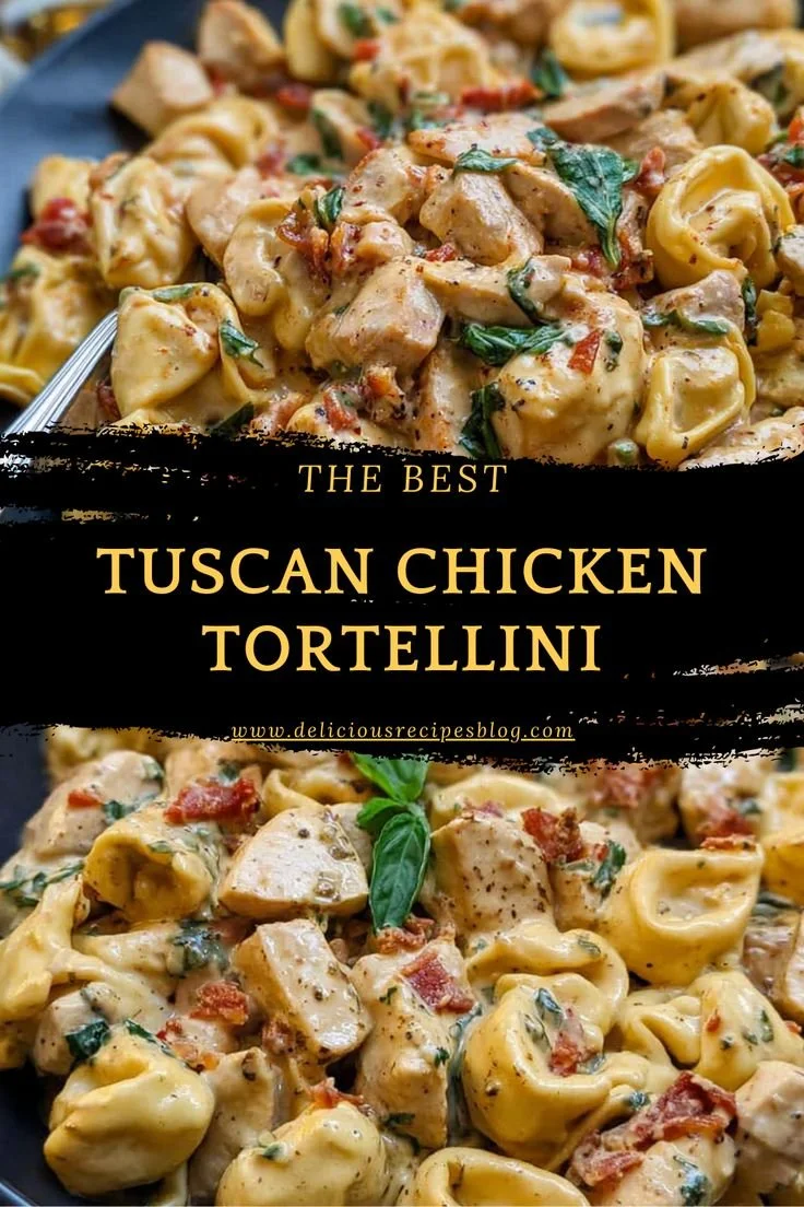 Delicious plate of Tuscan Chicken Tortellini garnished with fresh herbs