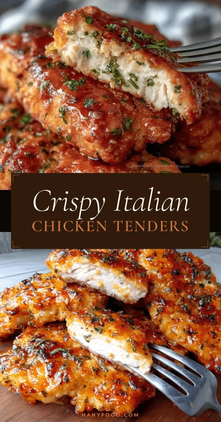 Delicious Italian Chicken Tenders ready to serve with a side of vegetables.