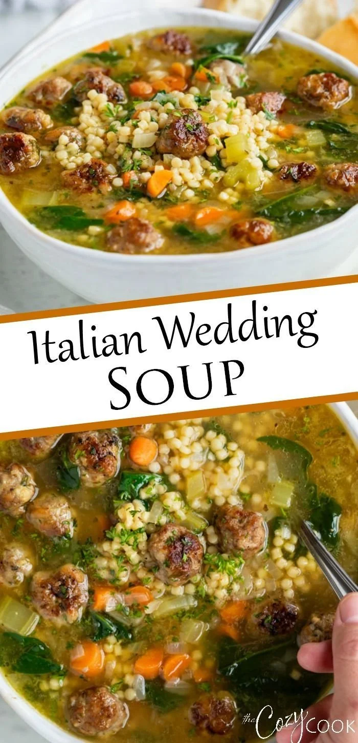Bowl of traditional Italian Wedding Soup with meatballs and greens