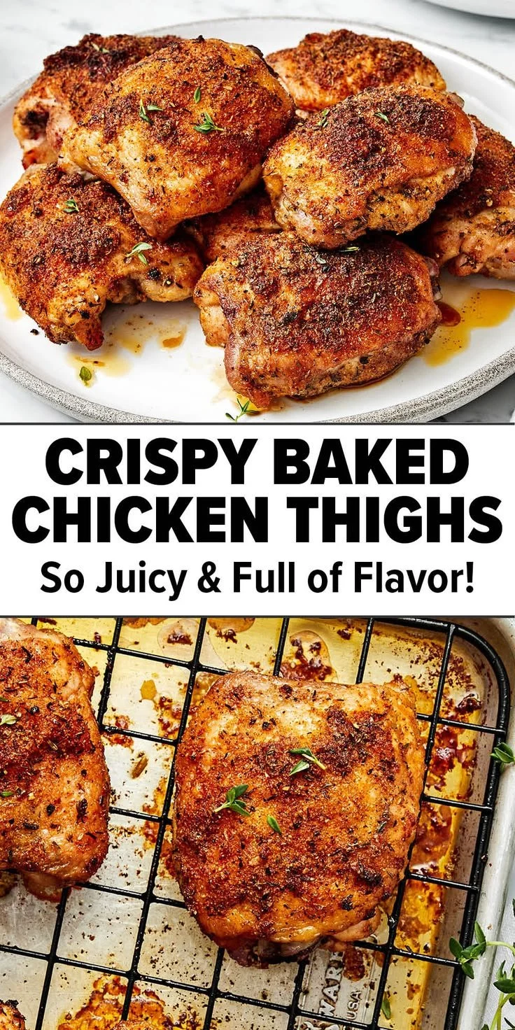Plate of juicy and tender baked chicken thighs garnished with herbs