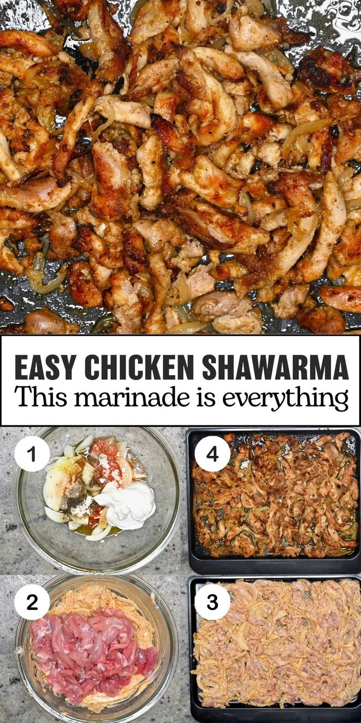 Plate of juicy chicken shawarma served with fresh vegetables and pita bread.