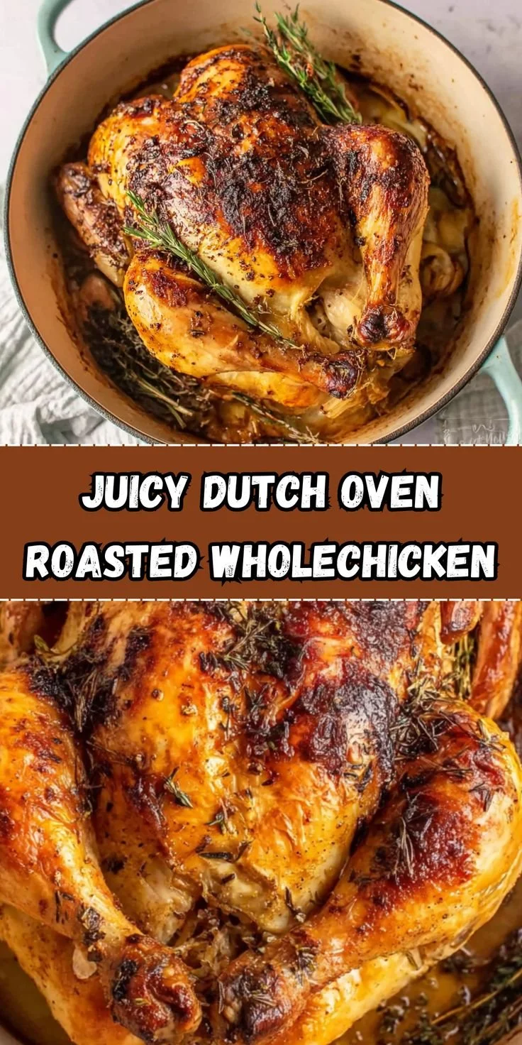 Deliciously juicy Dutch Oven Roasted Chicken served with vegetables.