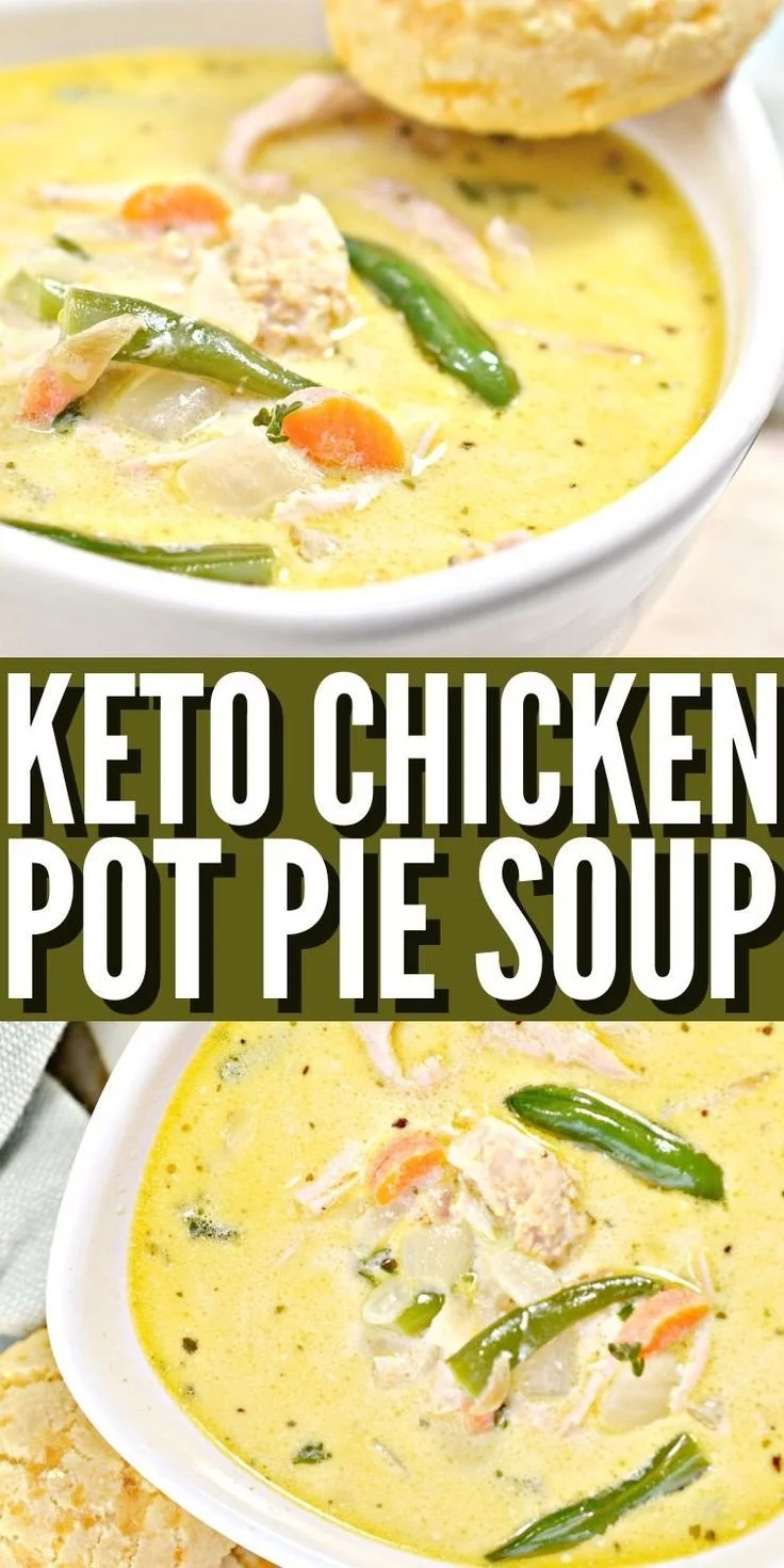 Delicious Keto Chicken Pot Pie Soup bowl with creamy broth and vegetables.