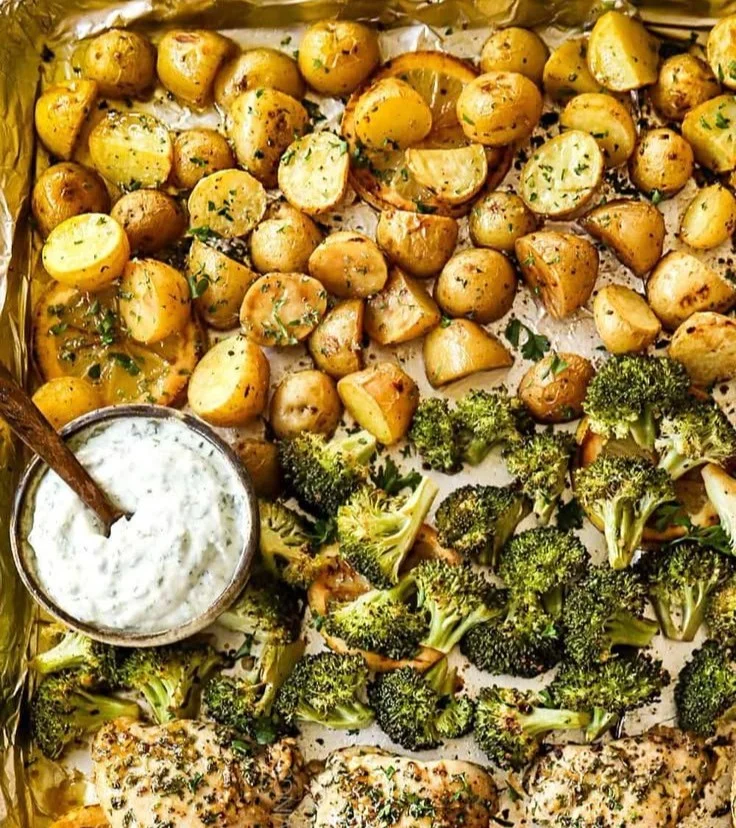 Lemon Garlic Chicken Thighs with Broccoli and Potatoes