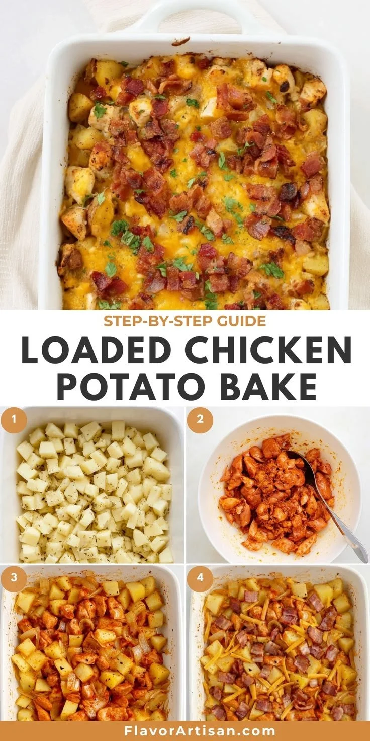 Delicious Loaded Baked Chicken Potato Casserole with melted cheese and crispy toppings