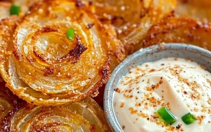 Low-carb baked onion rings served on a plate with dipping sauce