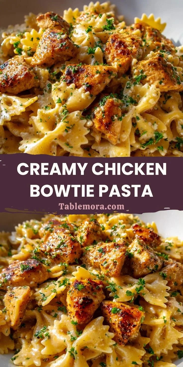 Creamy chicken bowtie pasta served in a bowl with fresh herbs