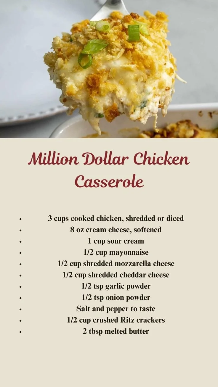 Delicious Million Dollar Chicken Casserole topped with cheese and breadcrumbs