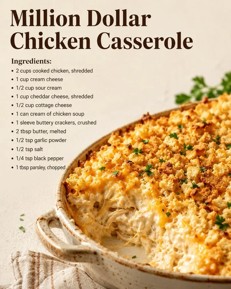 Delicious Million Dollar Chicken Casserole in a baking dish, ready to serve.
