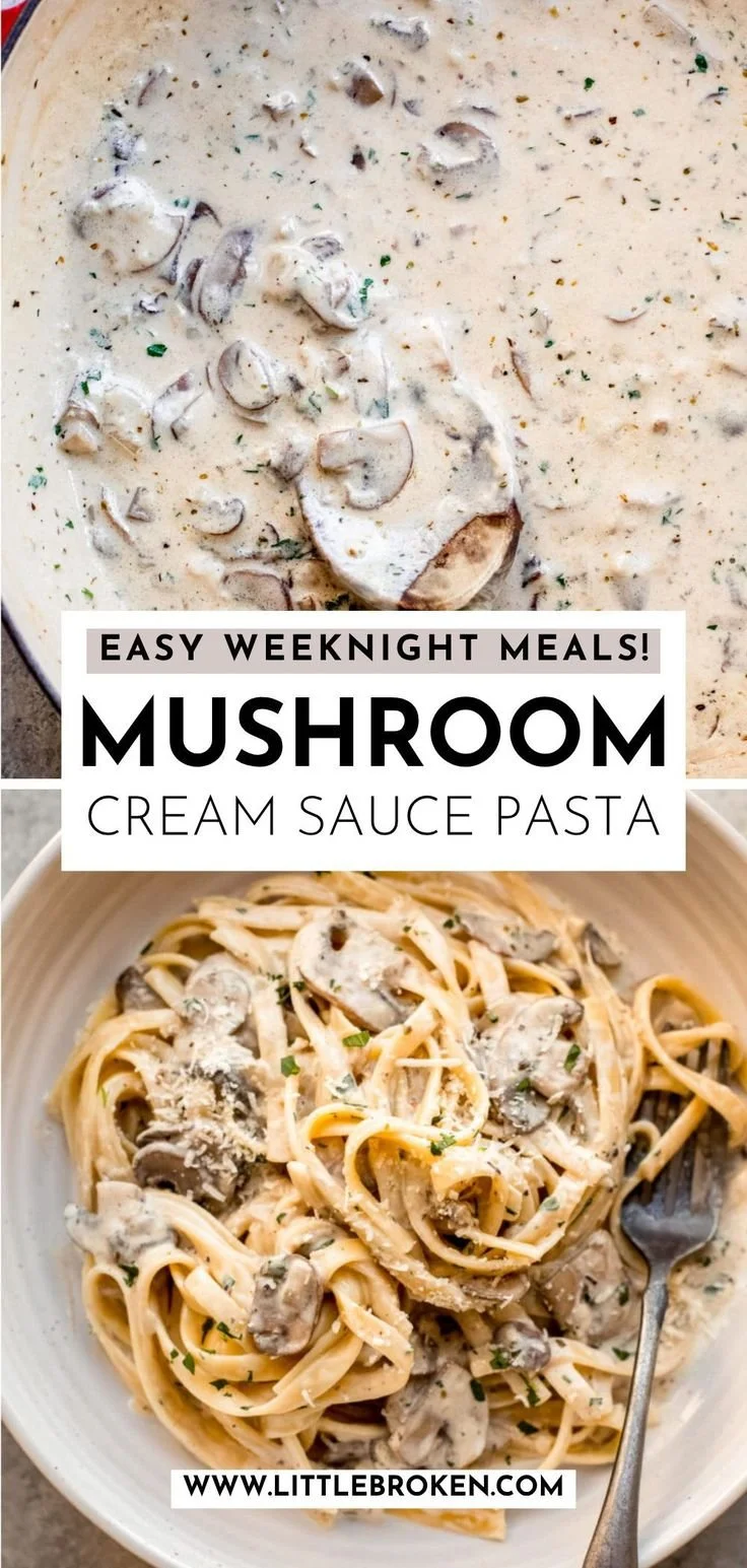 Creamy mushroom sauce served over pasta, showcasing rich flavors and textures.