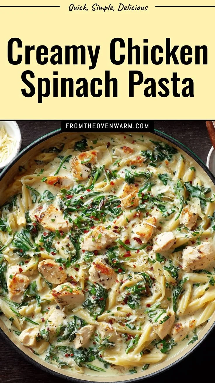 Delicious creamy chicken spinach pasta served in a bowl