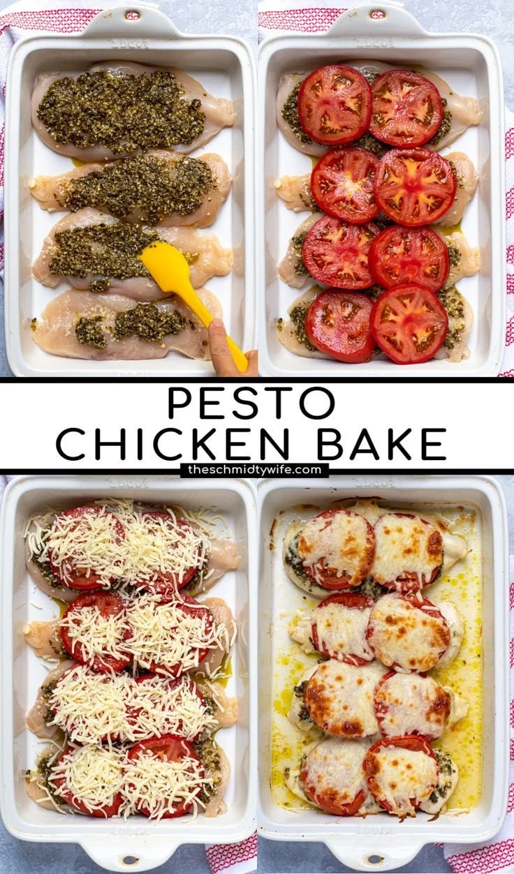 Delicious one-pan pesto chicken bake ready to serve for family dinner