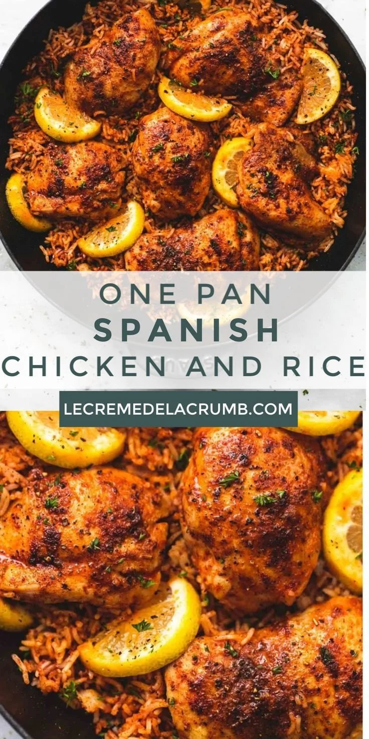One Pan Spanish Chicken and Rice dish served with vibrant vegetables and spices.