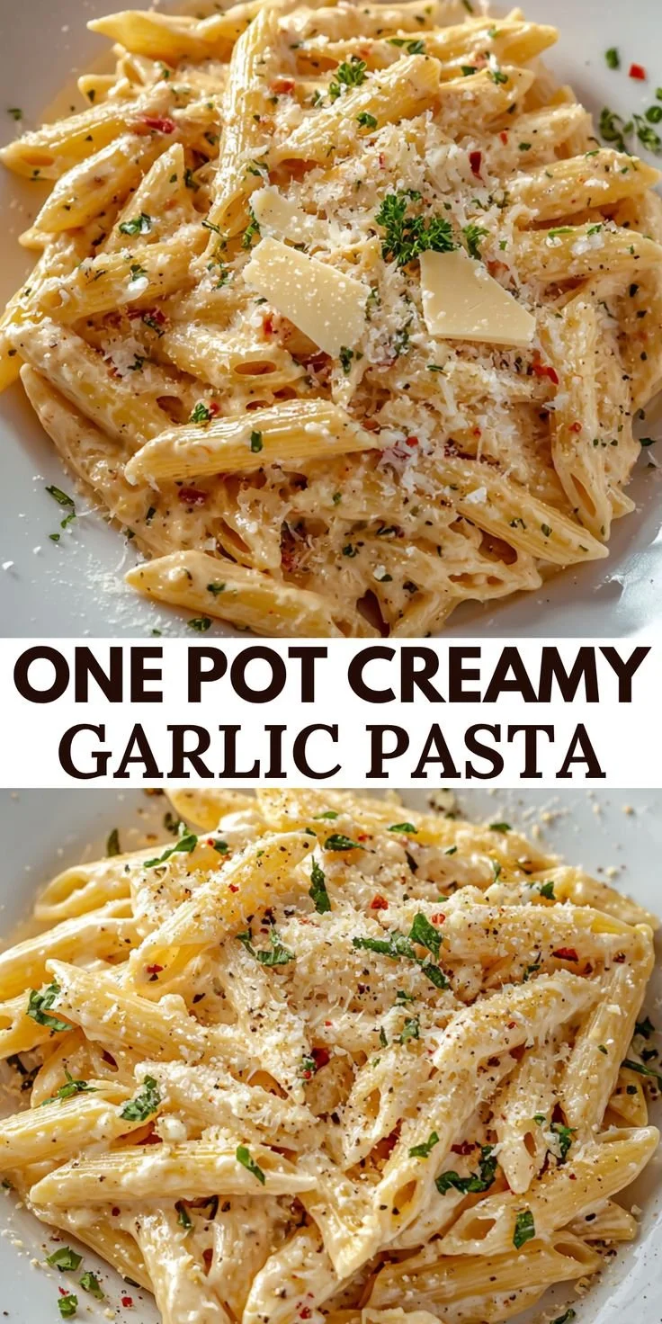 Delicious one pot creamy garlic pasta served in a bowl with garnish