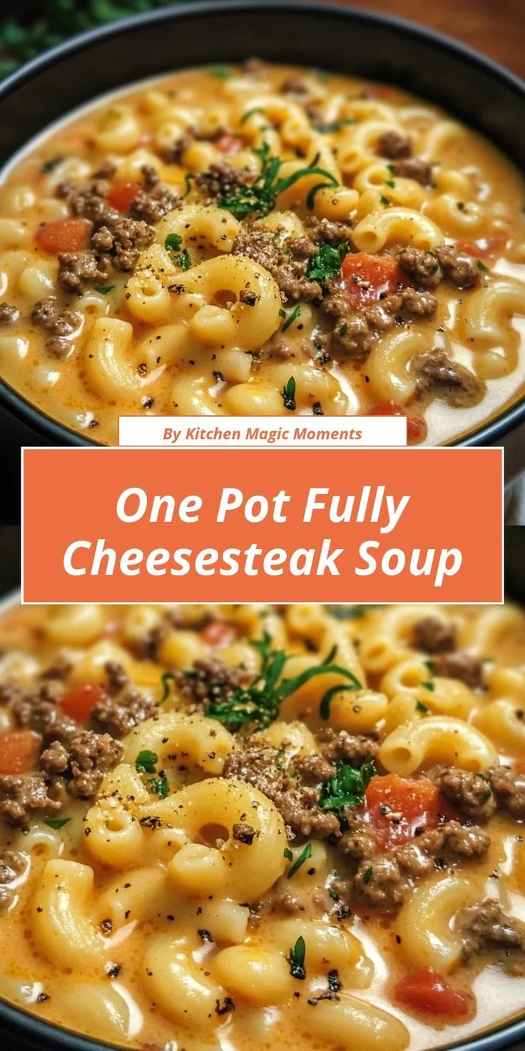 One Pot Fully Cheesesteak Soup recipe with melted cheese and steak ingredients