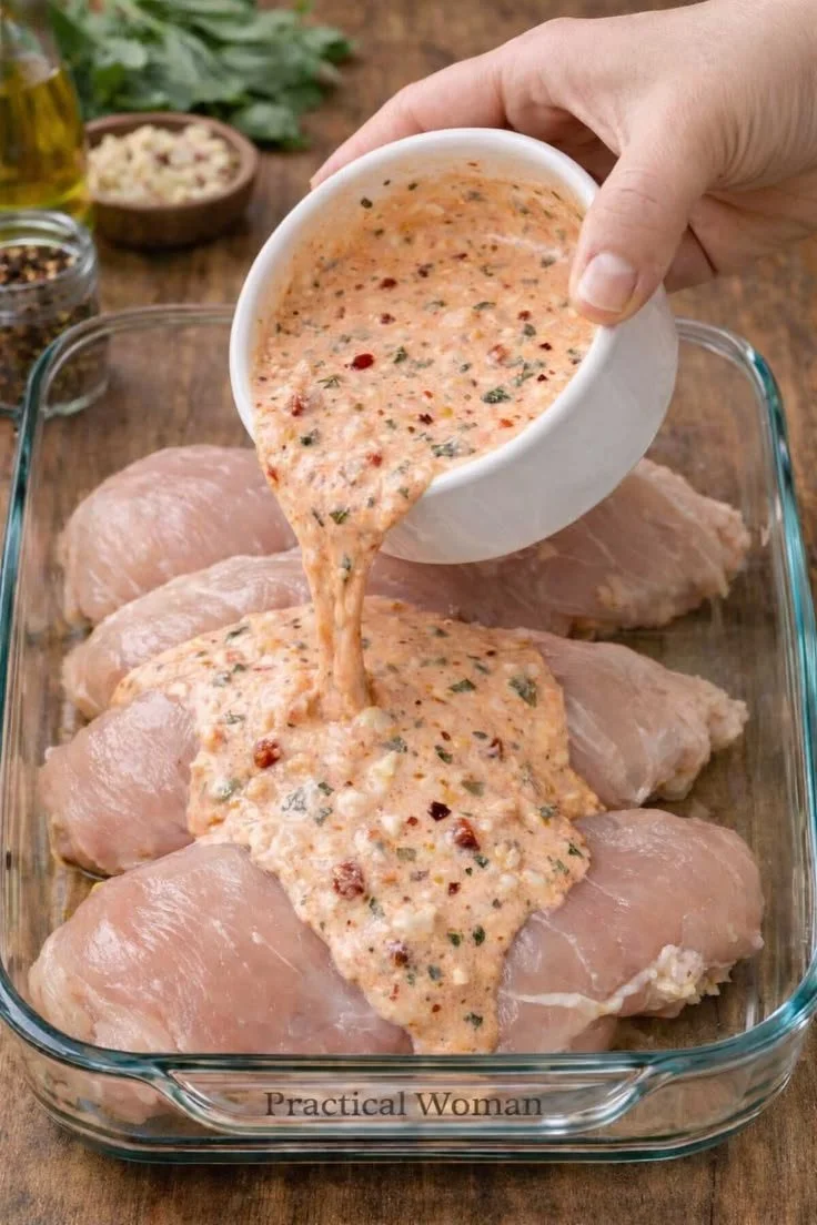 Oven baked creamy tomato basil chicken served with herbs and garnishes