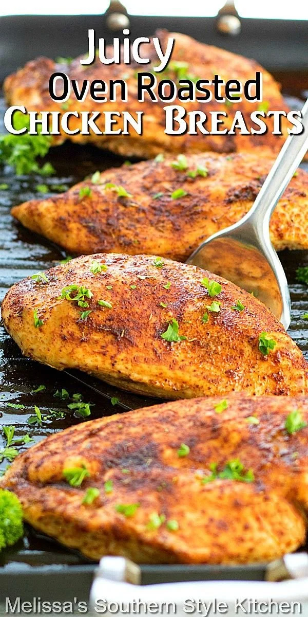 Juicy oven roasted chicken breasts served with vegetables