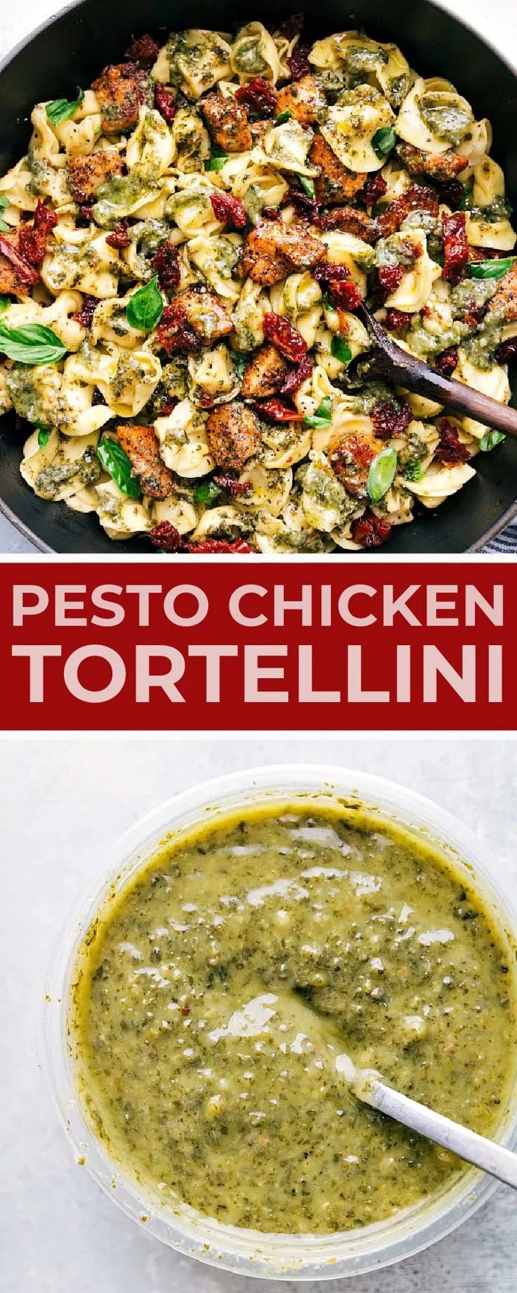 Delicious Pesto Chicken Tortellini topped with fresh basil and parmesan cheese