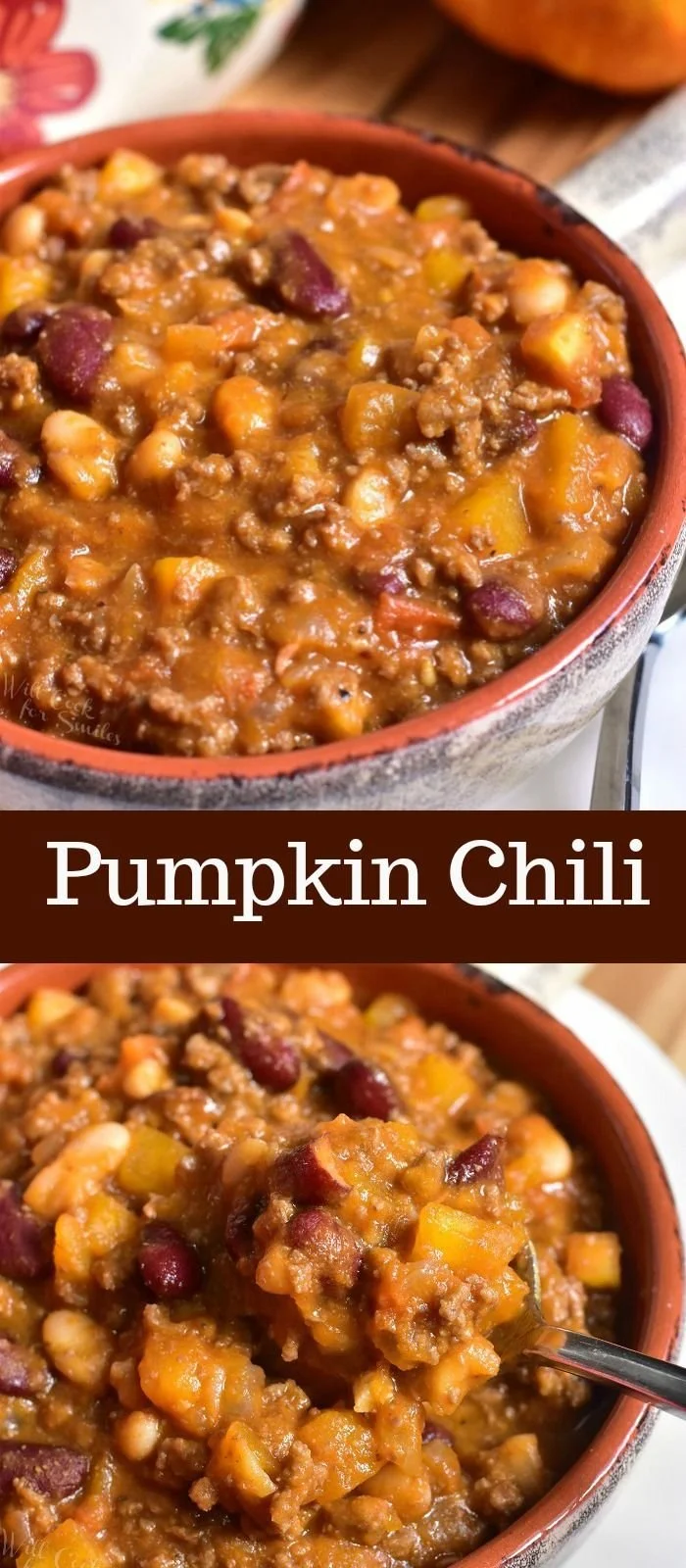 Bowl of hearty Pumpkin Chili topped with fresh herbs and cheese