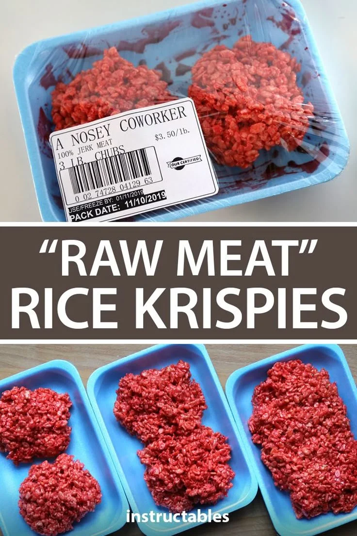 Raw Meat Rice Krispies Halloween Treats with labels and decorations