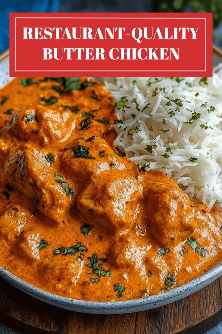 Delicious homemade butter chicken served in a bowl with rice and naan