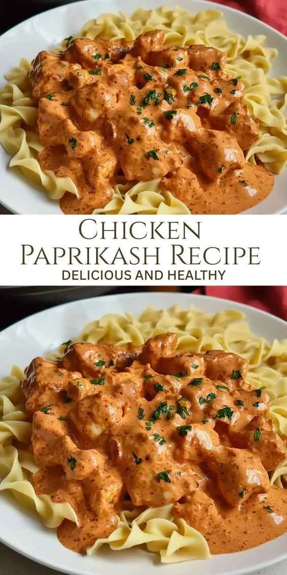 Delicious rich and creamy chicken paprikash served in a bowl with herbs