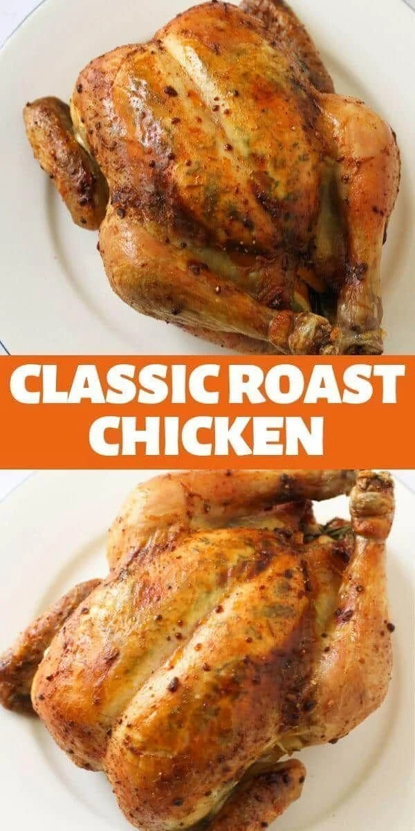 Delicious roast chicken with lemon and rosemary, beautifully cooked, served on a plate.