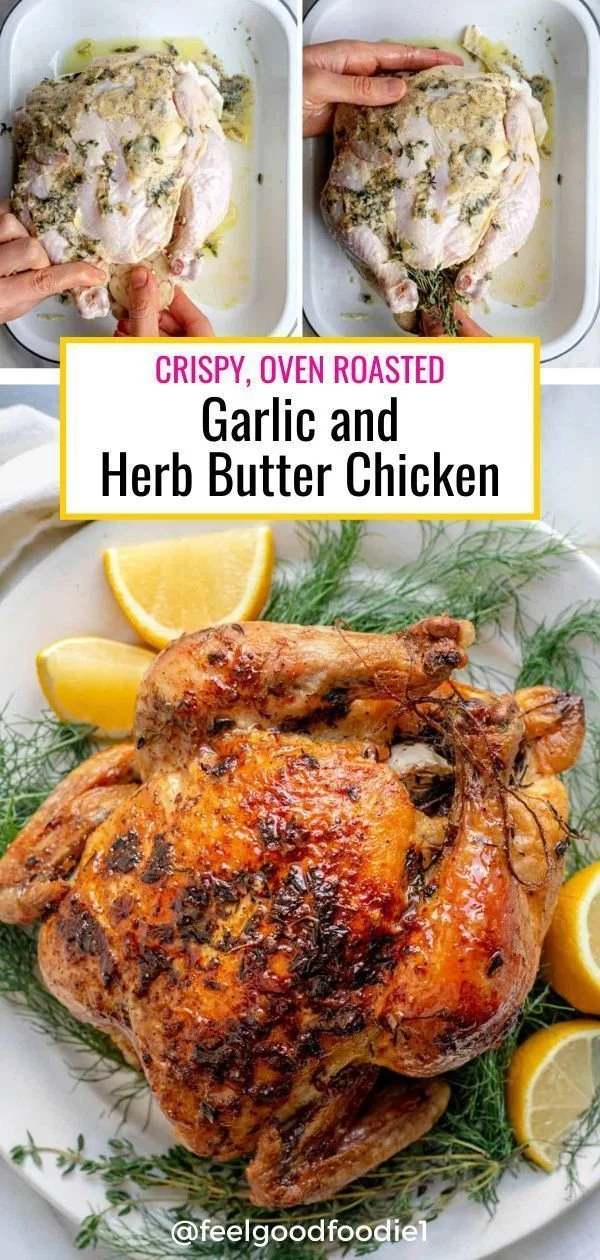 Roasted chicken seasoned with garlic and herbs, served on a rustic plate.