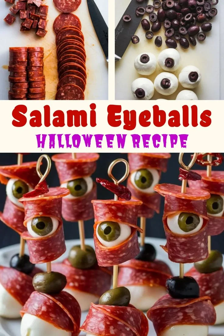 Salami mozzarella eyeballs appetizer for Halloween party