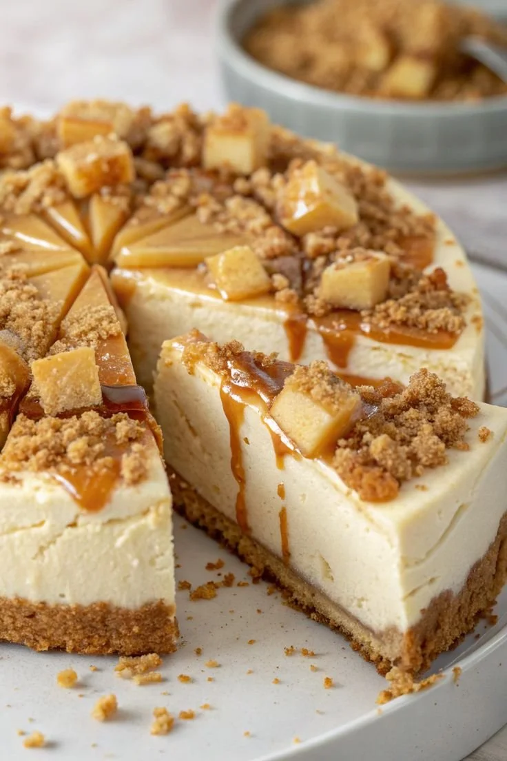 Delicious Salted Caramel Apple Pie Cheesecake topped with caramel and apple slices