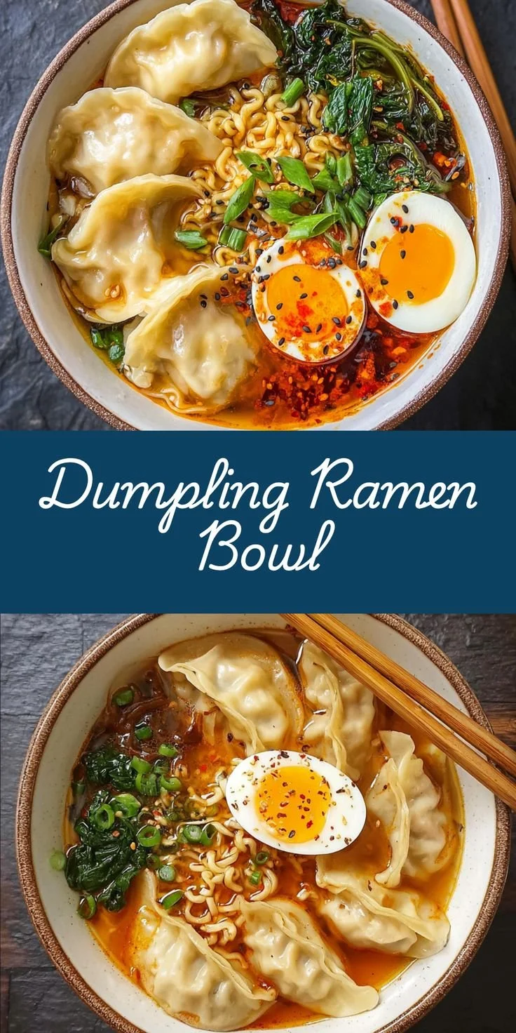Savory dumpling ramen bowl with soft-boiled eggs and fresh greens.
