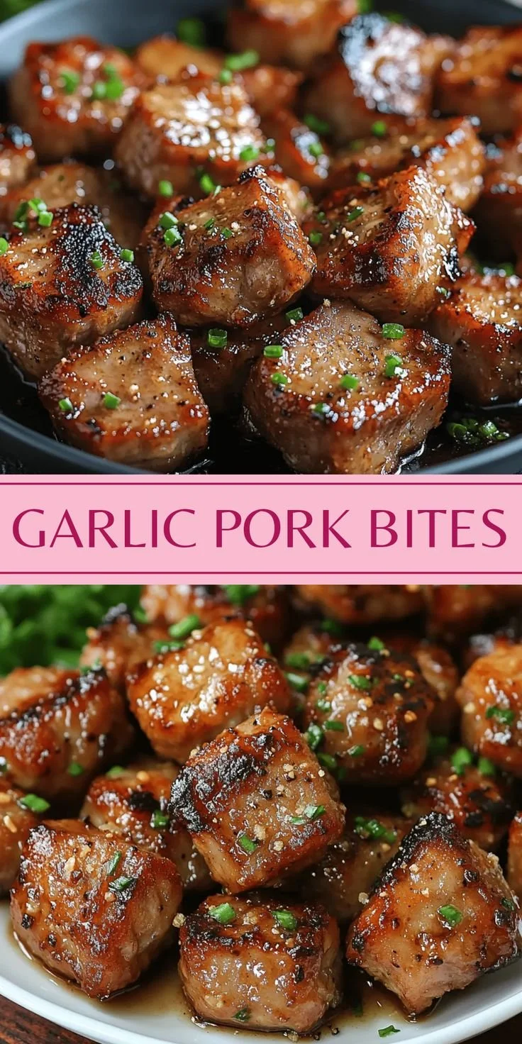 Delicious garlic pork bites served on a platter for a savory snack