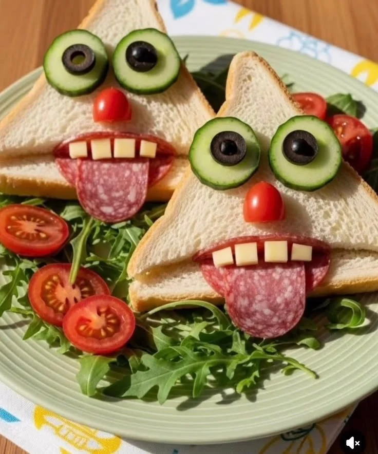 Playful food art featuring silly faces and colorful fruit sculptures.