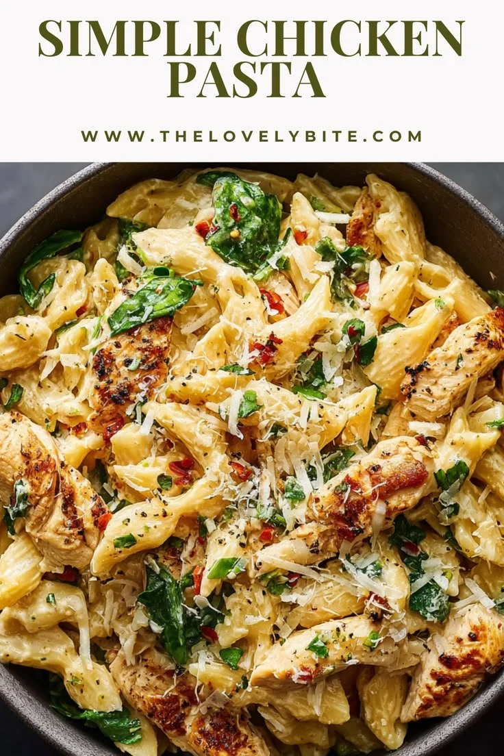 Delicious creamy chicken pasta served in a bowl with fresh herbs