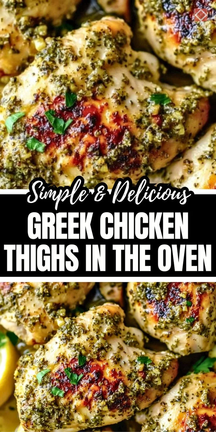 Oven-baked Greek chicken thighs seasoned and garnished with herbs