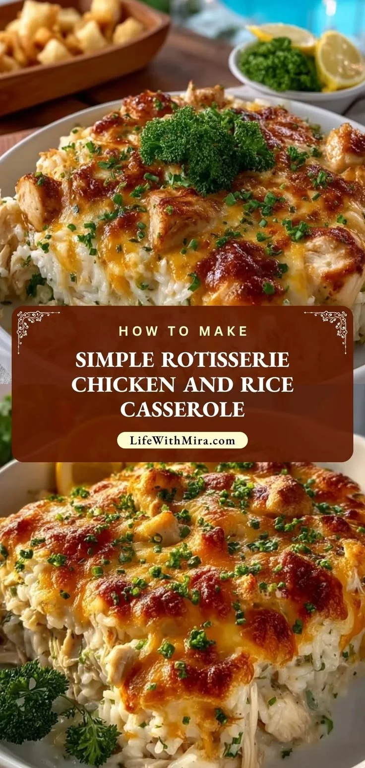 Simple rotisserie chicken and rice casserole in a baking dish