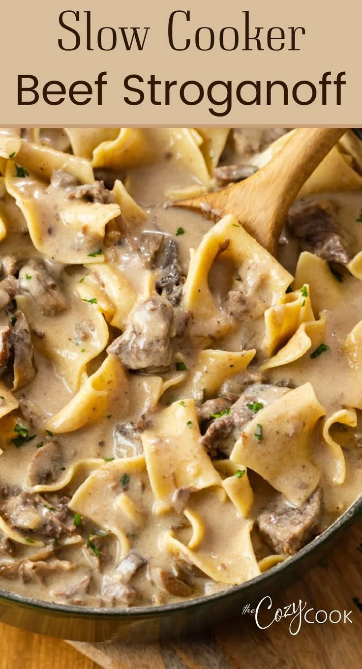 Delicious slow cooker beef stroganoff served over pasta