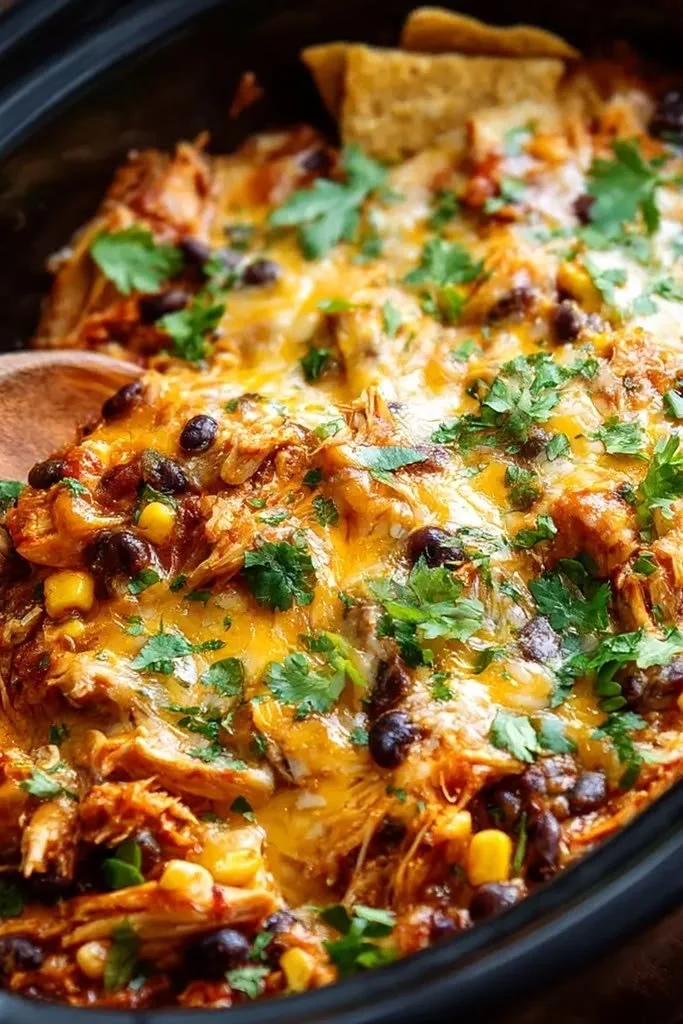 Delicious Slow Cooker Chicken Enchilada Casserole topped with cheese and fresh herbs