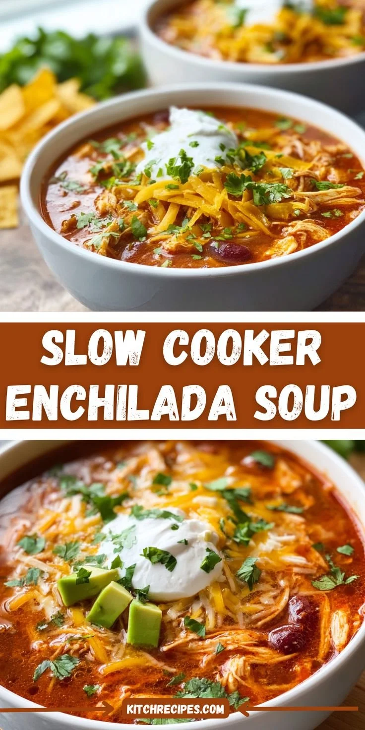 Delicious slow cooker chicken enchilada soup in a bowl topped with avocado and cilantro