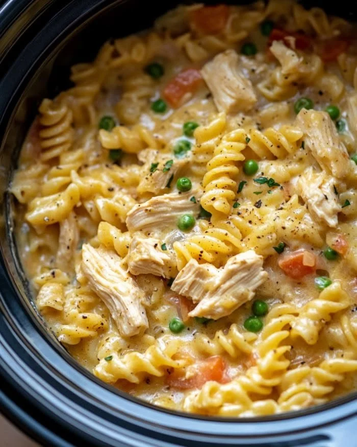 Slow Cooker Chicken Pot Pie Pasta with creamy sauce and vegetables