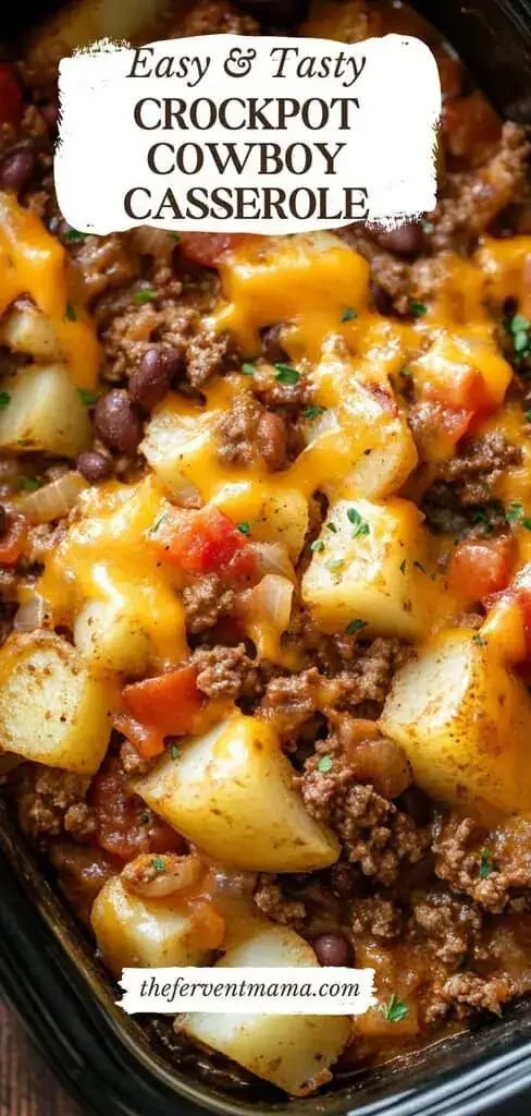 A delicious bowl of Slow Cooker Cowboy Casserole with beef, beans, and cornbread topping.