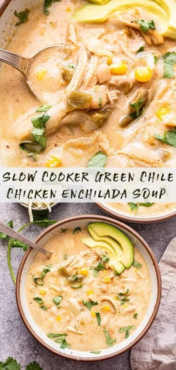Slow cooker creamy green chile chicken enchilada soup in a bowl