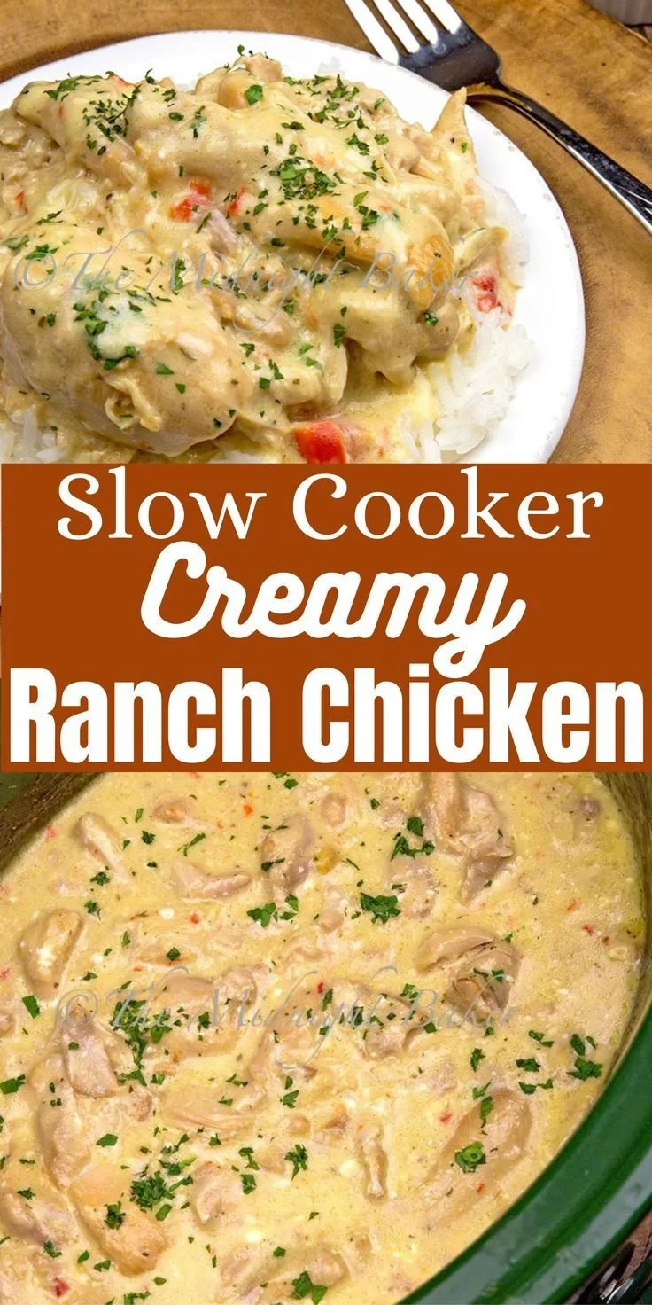 Slow cooker creamy ranch chicken dish served with vegetables