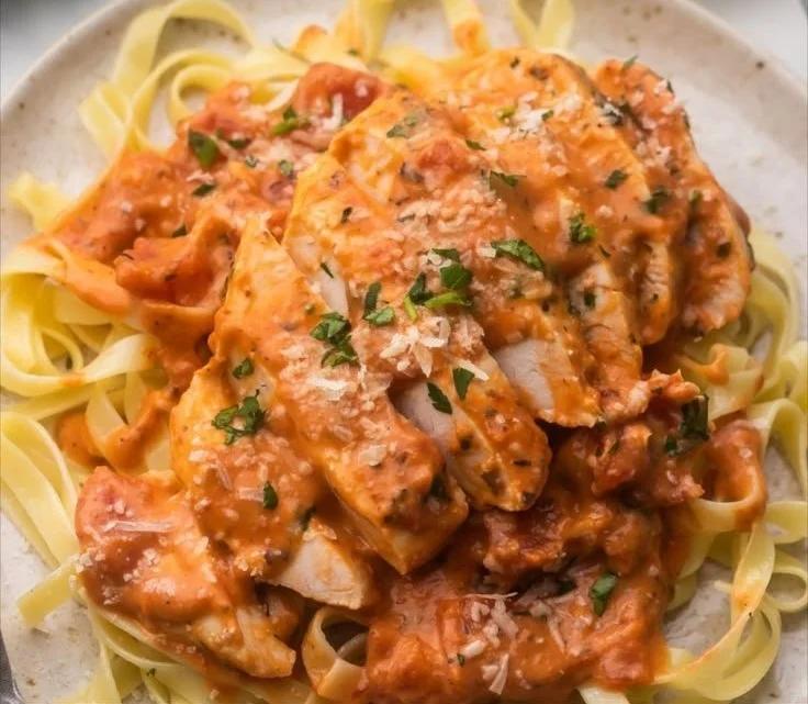 A bowl of creamy tomato basil chicken breast cooked in a slow cooker.