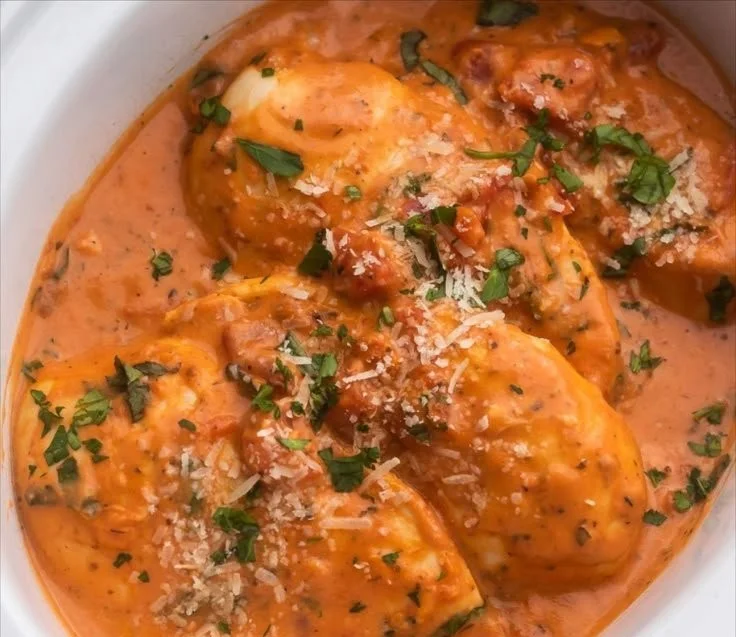 Slow Cooker Creamy Tomato Basil Chicken Breast