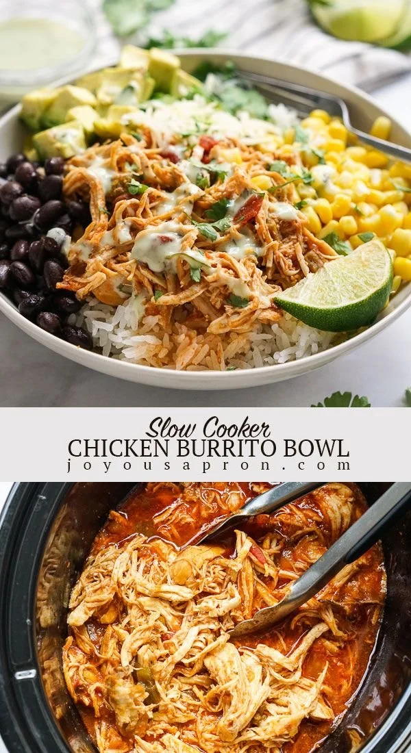 Slow Cooker Chicken Burrito Bowl served in a bowl with colorful toppings