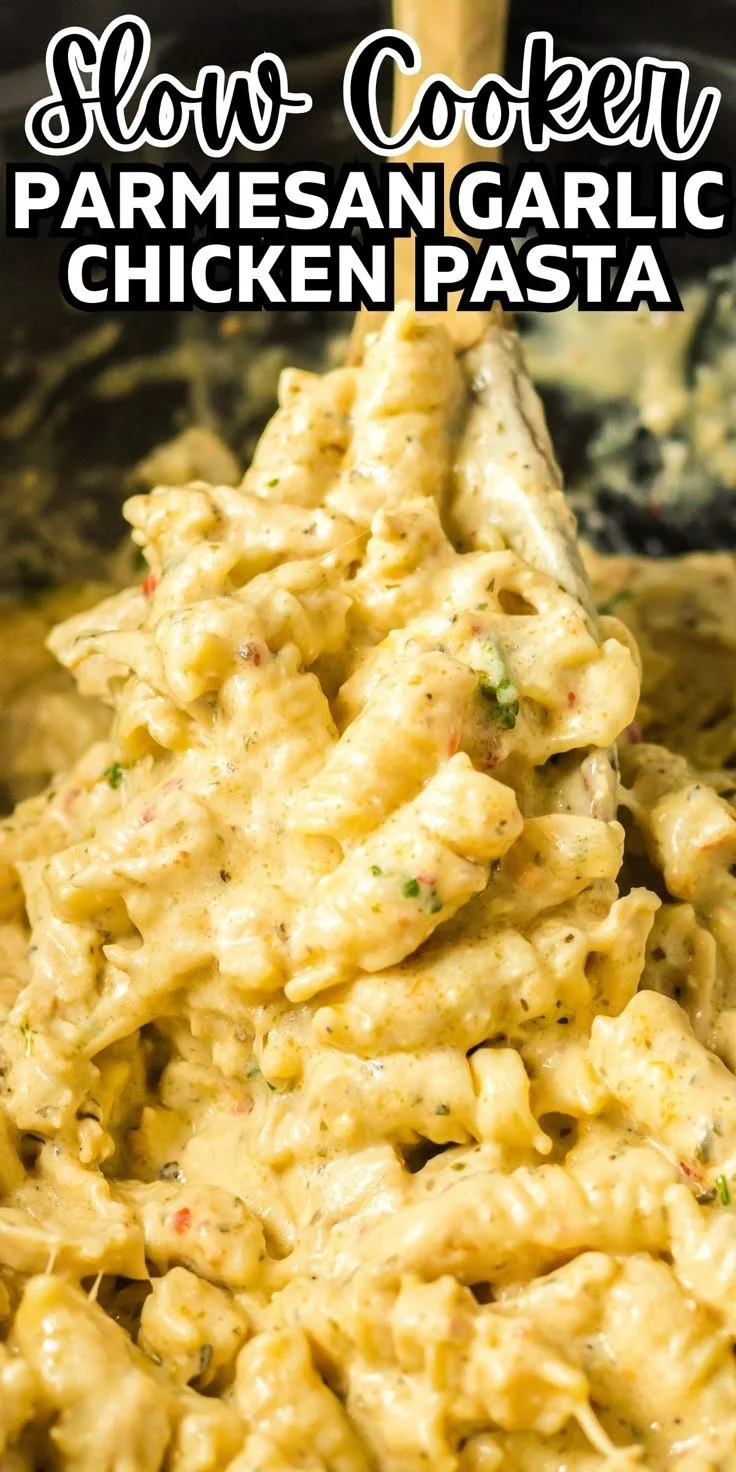 Slow cooker parmesan garlic chicken pasta served in a bowl